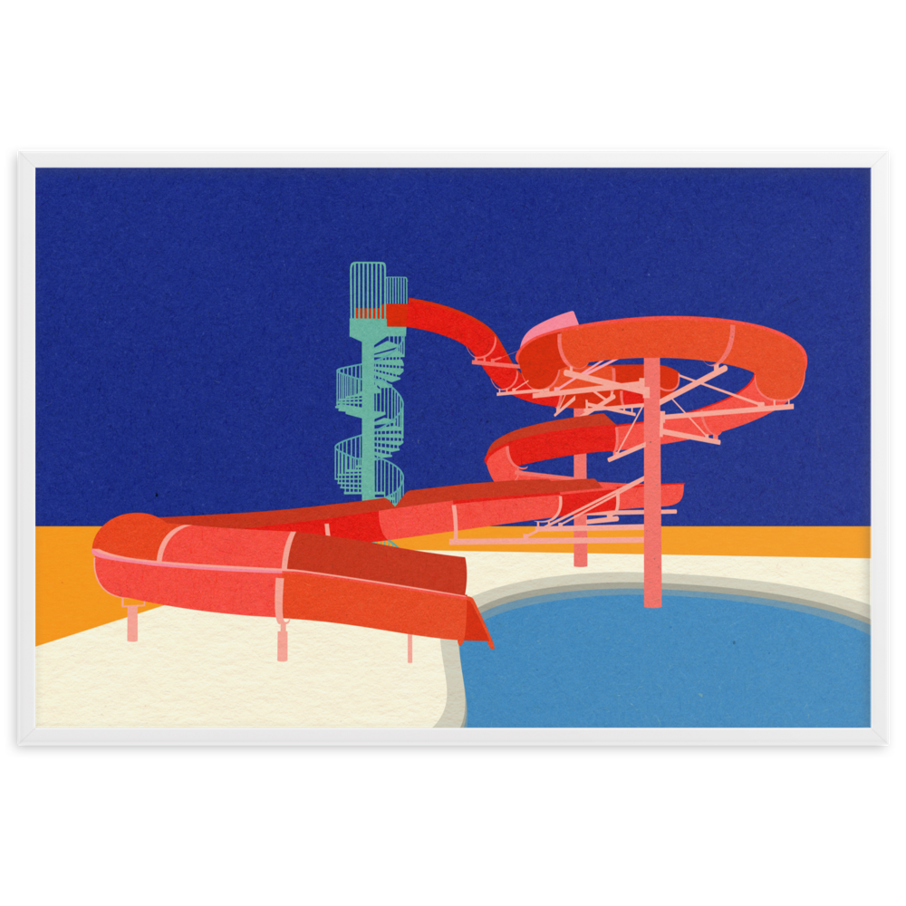 Framed Poster Art Print Illustration – Pool with Water Slide
