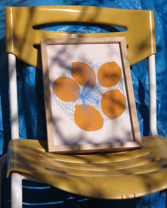 Five Lemons in a net bag, Paper Illustration