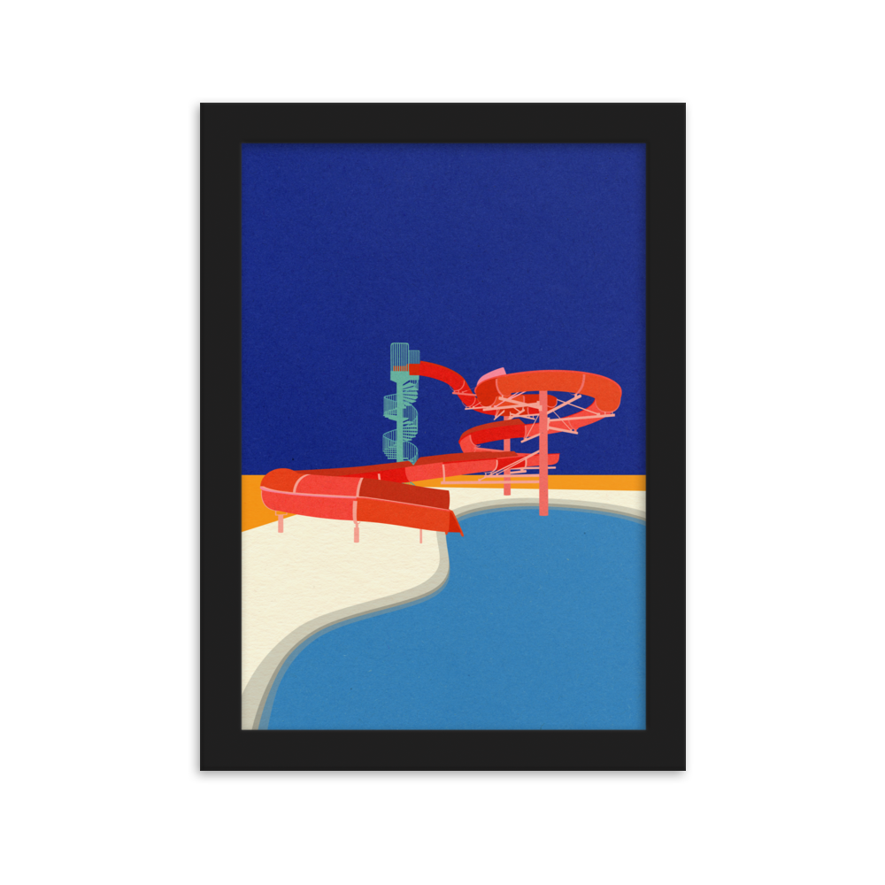 Framed Poster Art Print Illustration – Pool with Water Slide