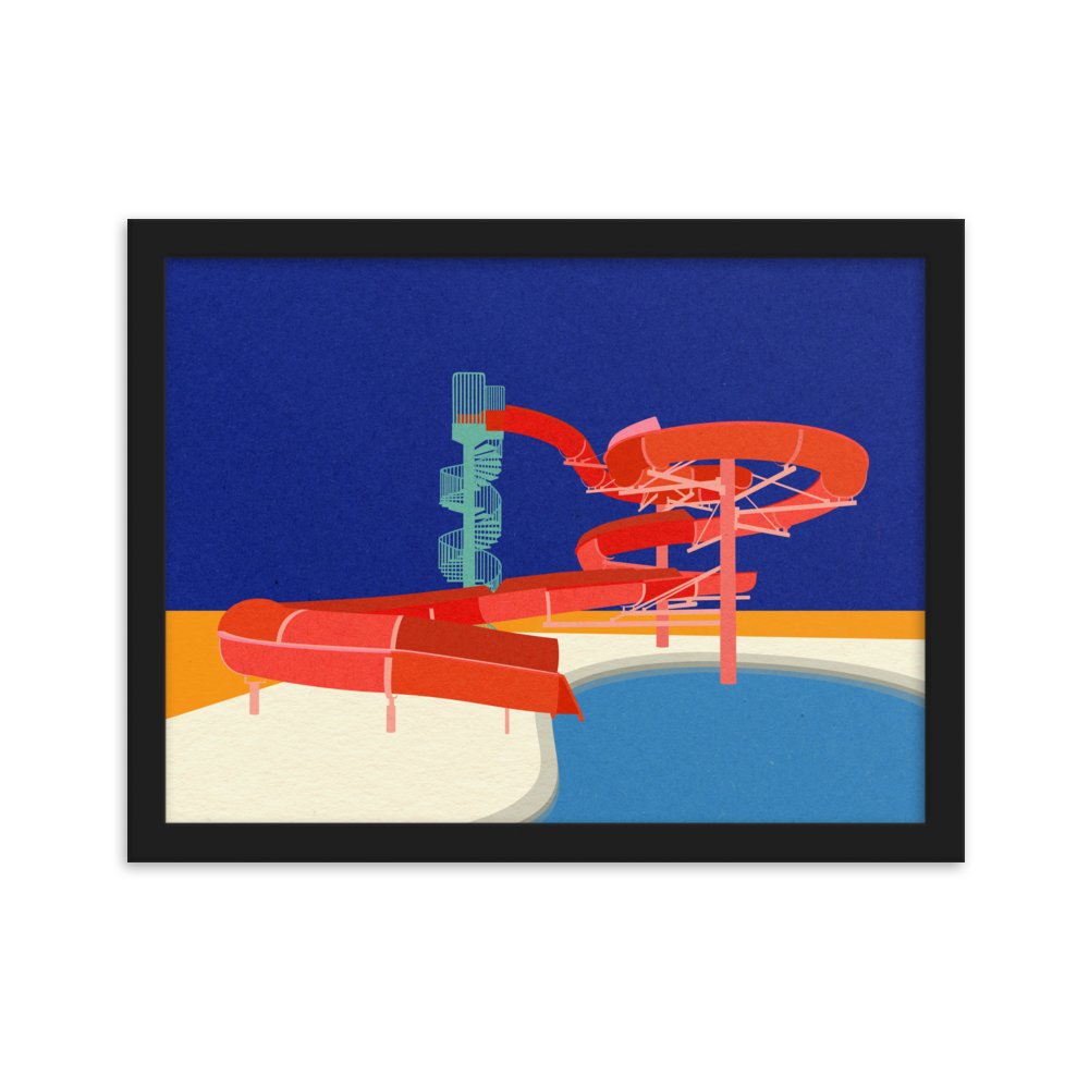 Framed Poster Art Print Illustration – Pool with Water Slide