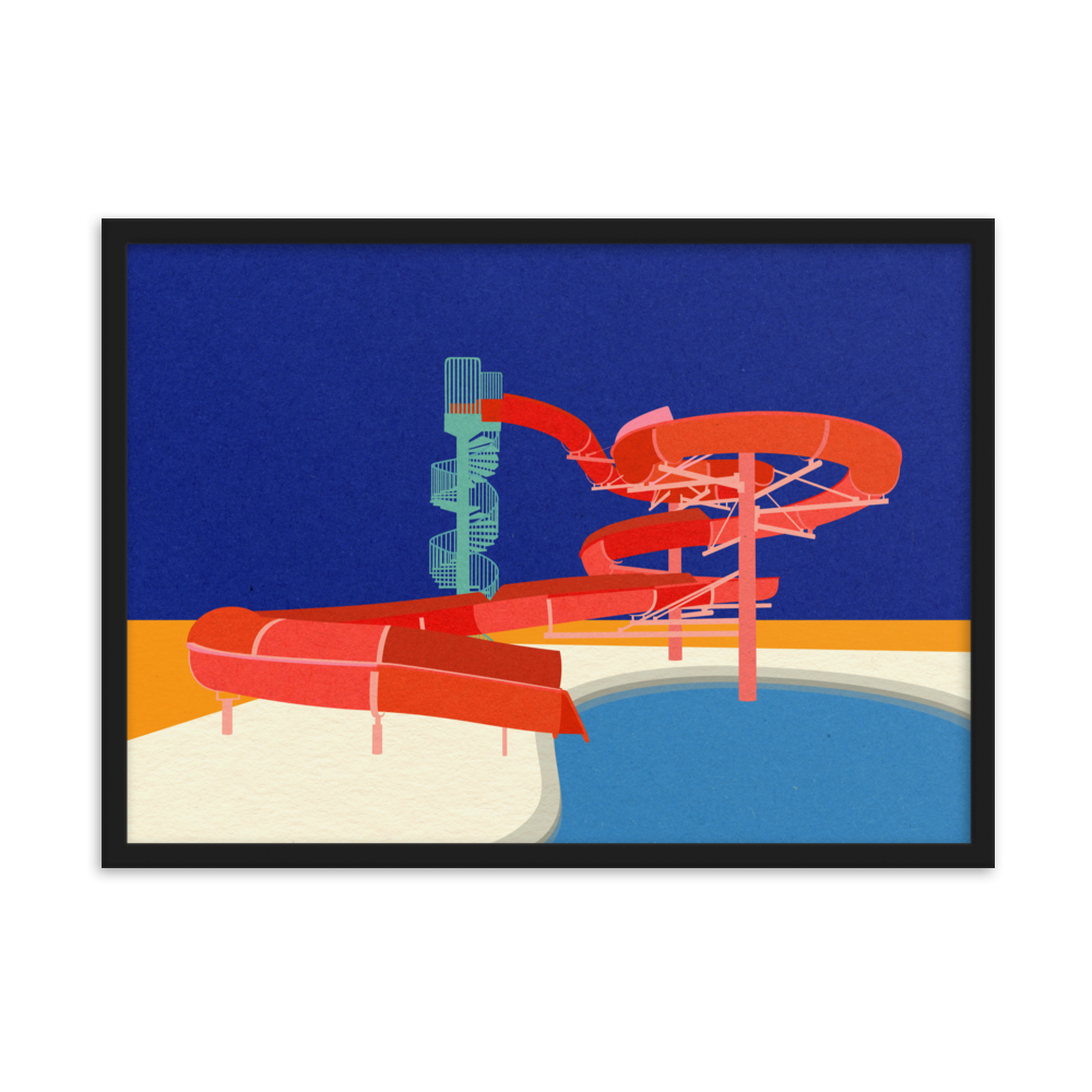 Framed Poster Art Print Illustration – Pool with Water Slide