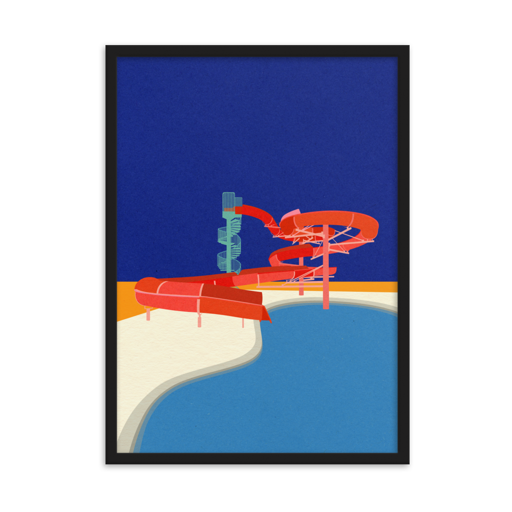 Framed Poster Art Print Illustration – Pool with Water Slide