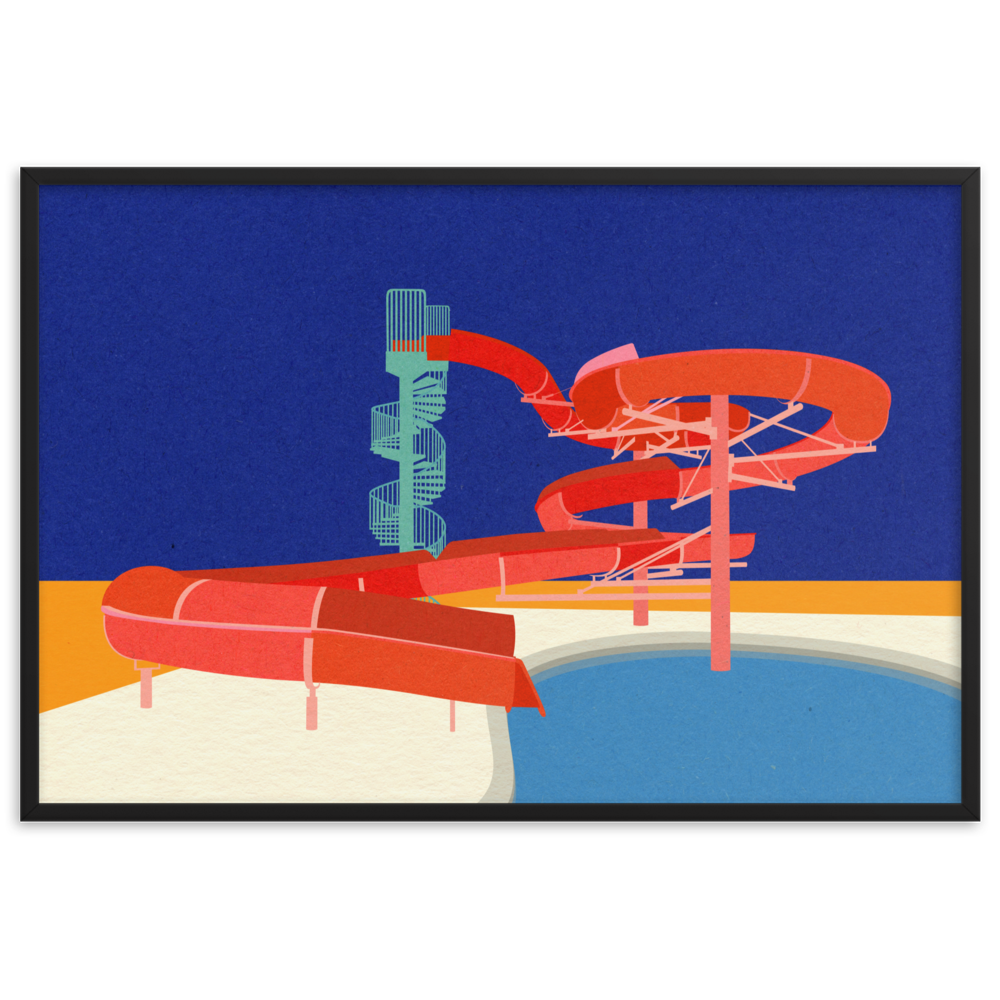 Framed Poster Art Print Illustration – Pool with Water Slide