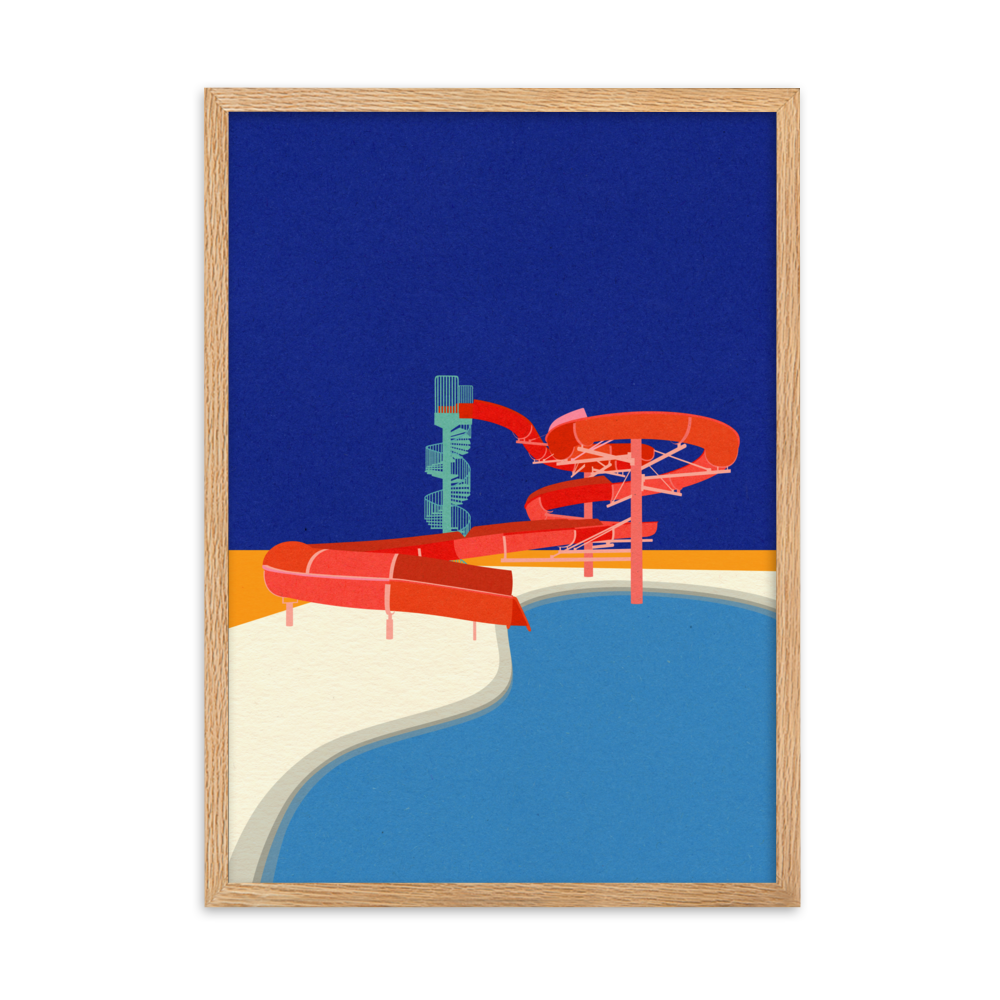Framed Poster Art Print Illustration – Pool with Water Slide