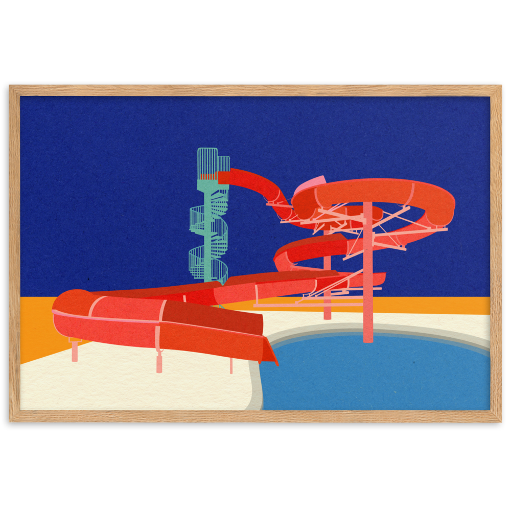 Framed Poster Art Print Illustration – Pool with Water Slide