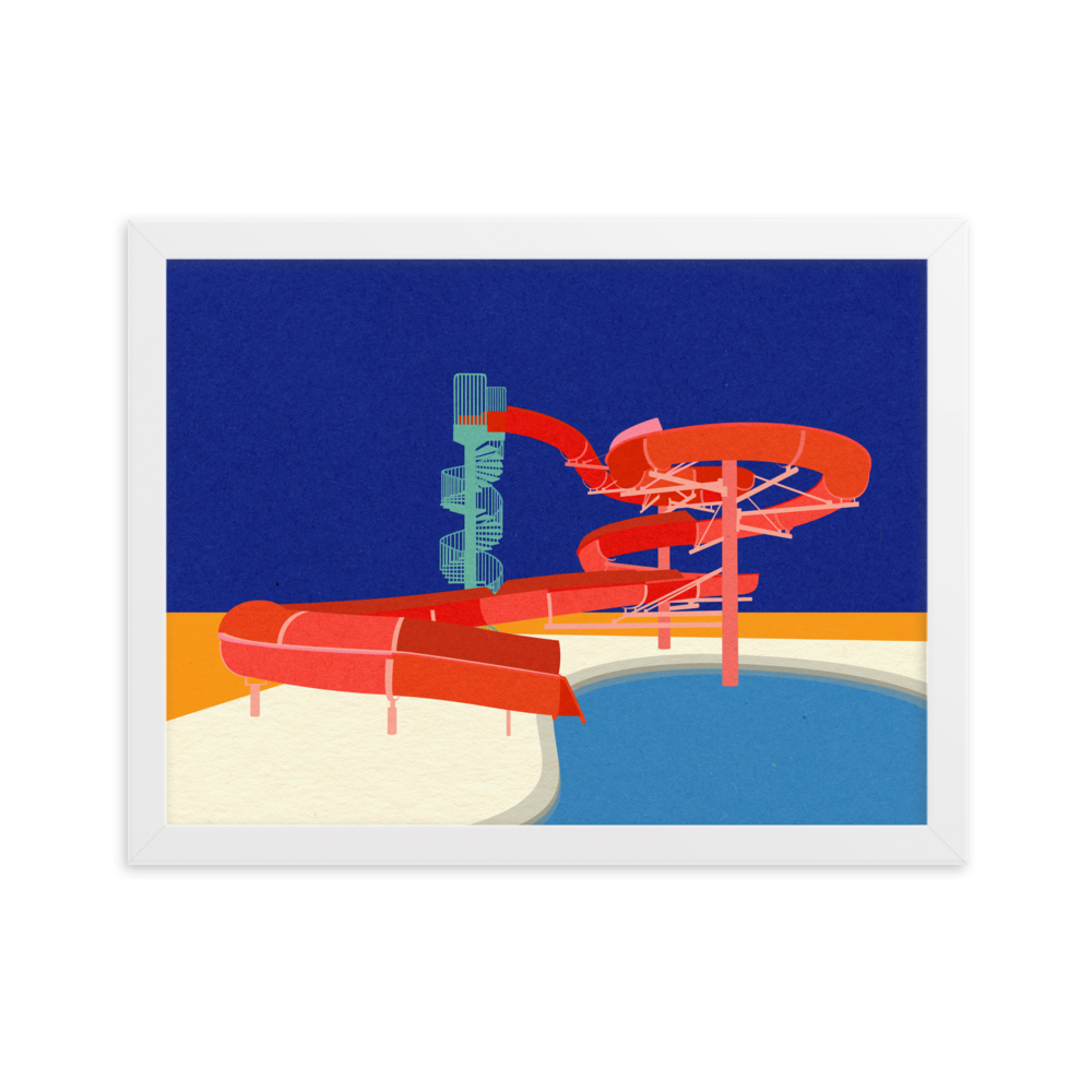 Framed Poster Art Print Illustration – Pool with Water Slide