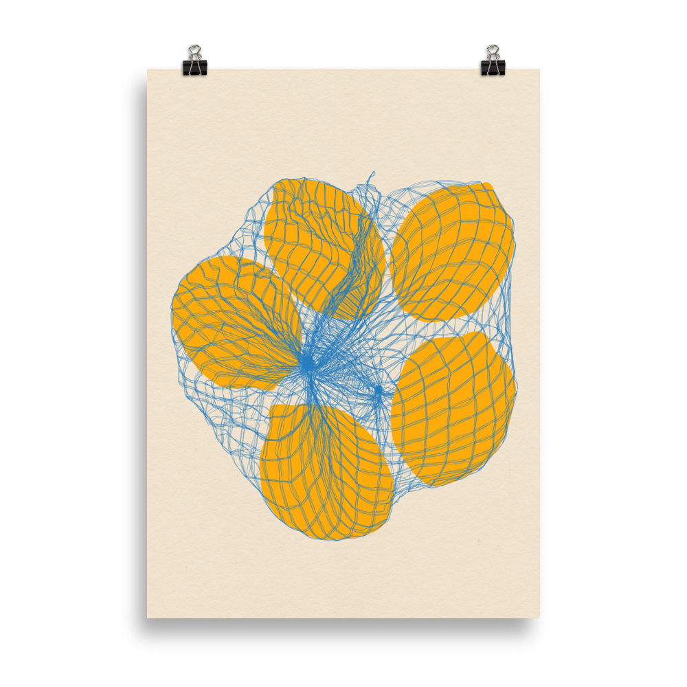Poster Art Print Illustration – Five Lemons in a net bag