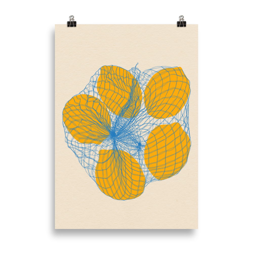 Poster Art Print Illustration – Five Lemons in a net bag