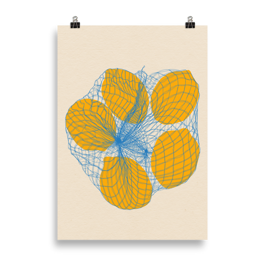 Poster Art Print Illustration – Five Lemons in a net bag